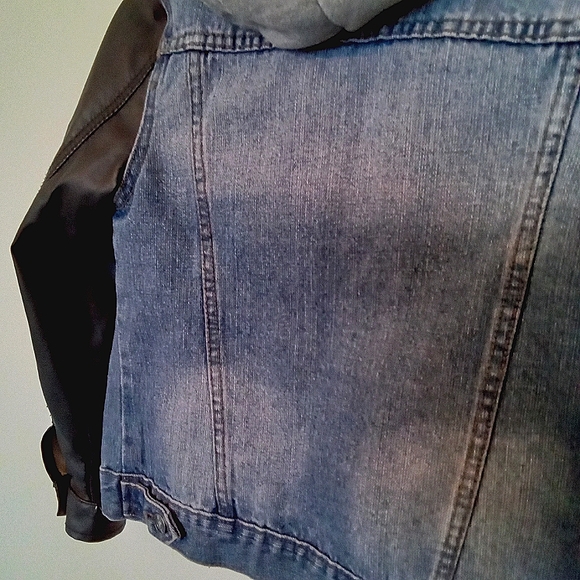 Boys Distressed Denim Jacket with Hood & Faux Leather Sleeves - Picture 2 of 14